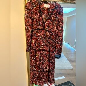 ba&sh Red Midi Dress with Long Bishop Sleeves and V-Neck for Cocktail
